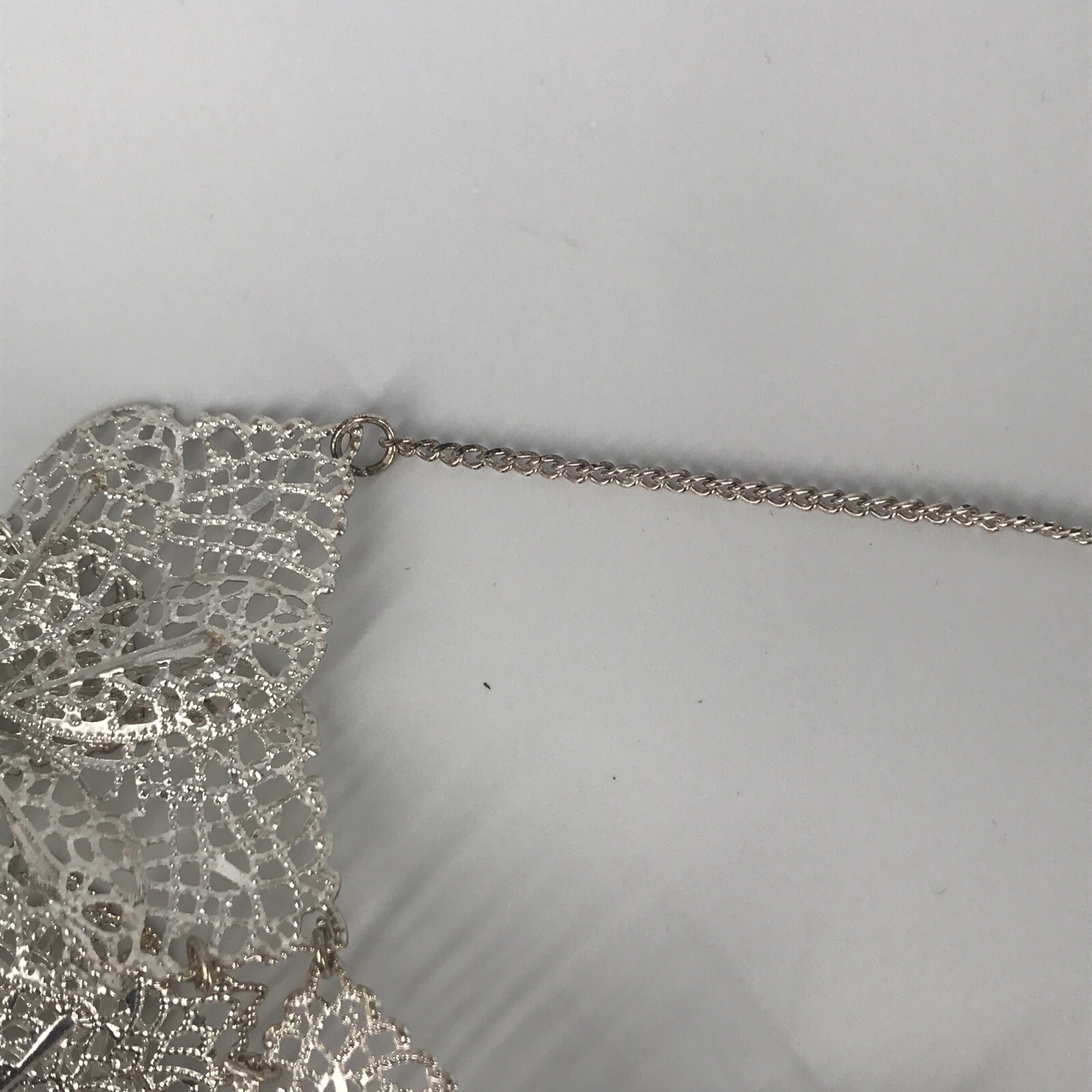 Bohemian Silver Tone Filigree Open Work Lattice Floral Bib Necklace 18″