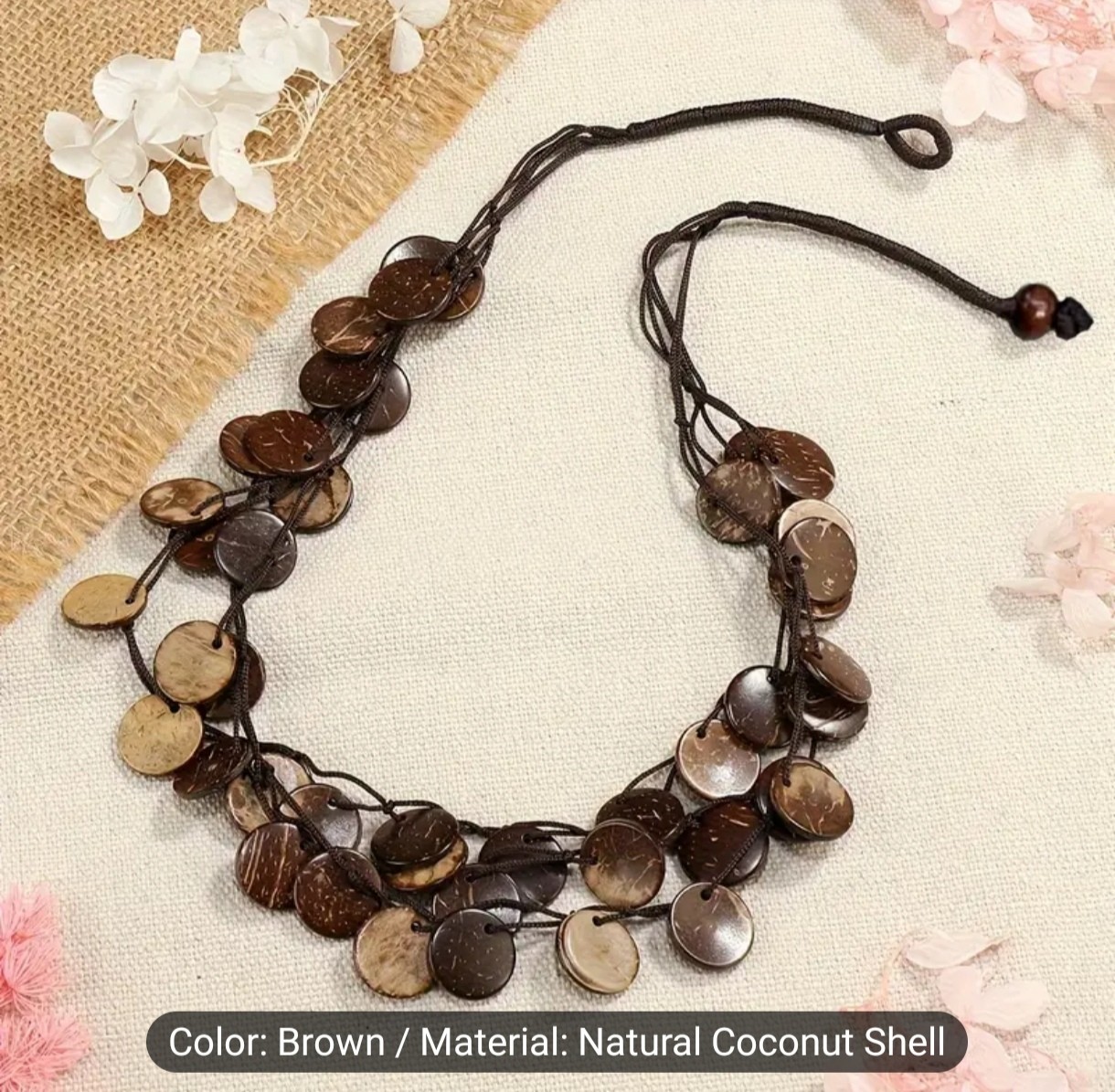 Natural Brown Coconut Shell Multi-Strand Disc Cord Necklace Adjustable 25.59in