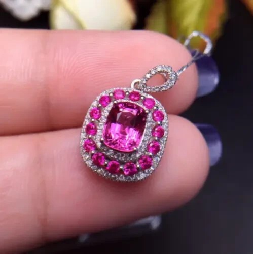 Cushion Cut Simulated Pink Ruby Women’s Pendant Chain In 14k White Gold Plated