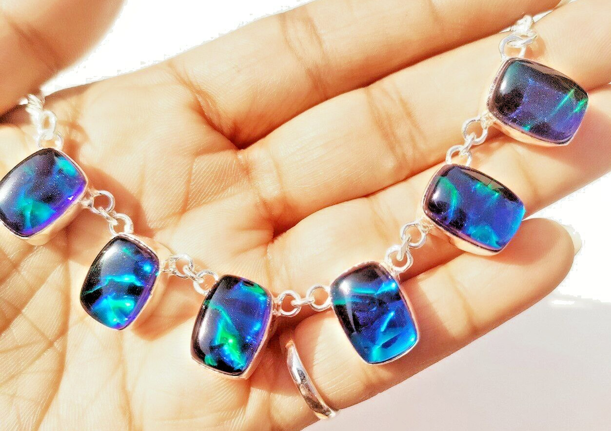 925 Silver Necklace Australian Triplets Opal Gemstone Handmade Jewelry Necklace