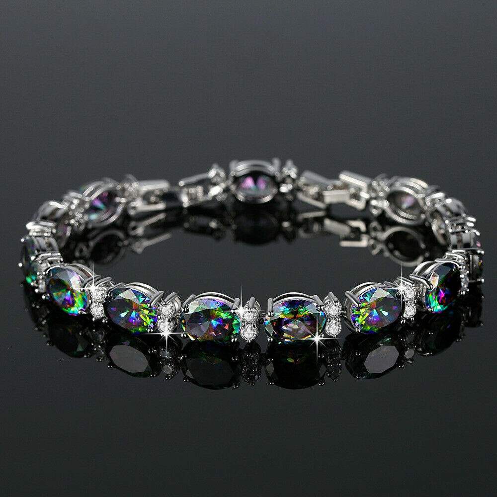 New Oval Rainbow Fire Mystic Topaz Charm Women Holiday Jewelry Silver Bracelets