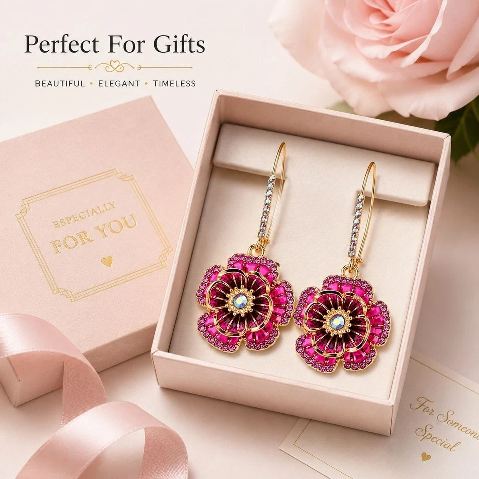 Pink Rose Flower Dangle Earrings Gold Tone Crystal Rhinestone Women’s Jewelry