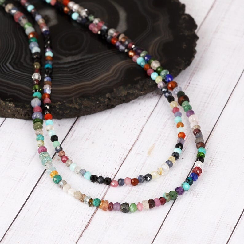 A++ Dainty 2 Layer Multi Mix Faceted Round Gemstone Beaded Choker Necklaces 18”
