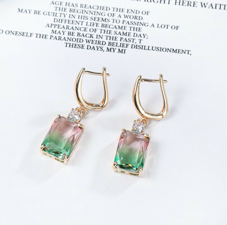 Sparking Square Cut Green Color Tourmaline Rose Gold Plated Hook Dangle Earrings
