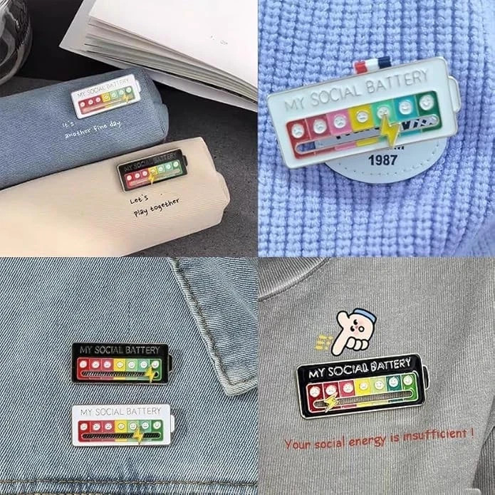 Funny Social Battery Slider Pin – 7-Mood Expression Badge, Cute Interactive Pin