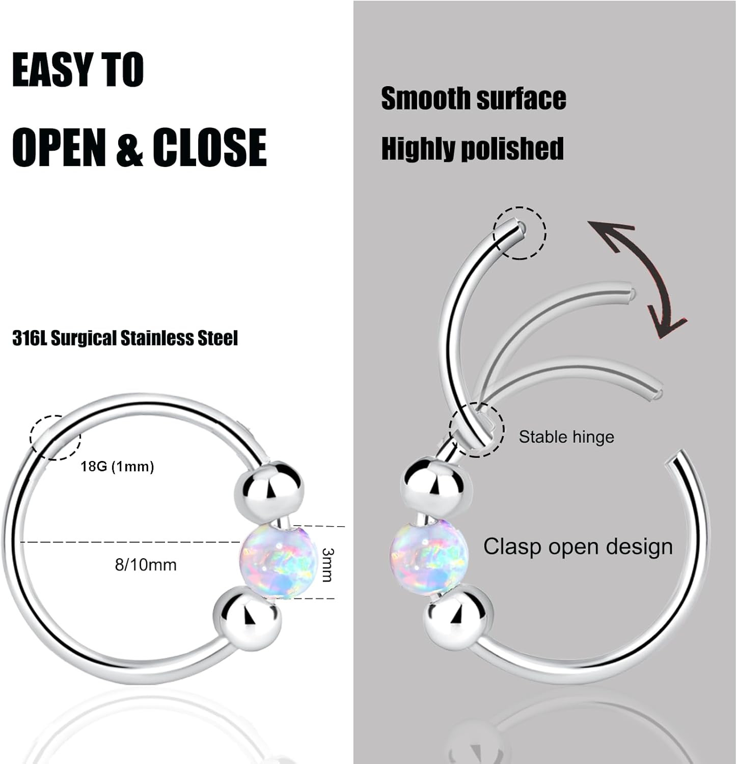 2 Pcs Small Cartilage Hoop Earrings for Women Men, 18G Opal Silver Earrings Hypo