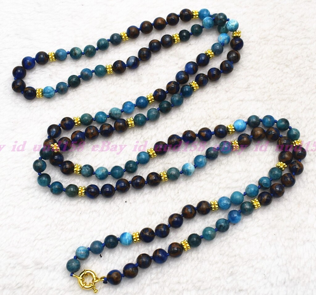 Natural 8mm Blue Gems in Pyrite & Apatite Round Gemstone Beads Necklace 16-50″
