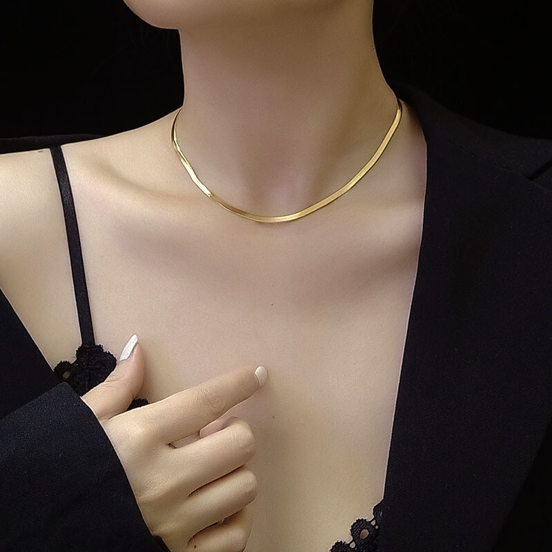 3mm Woman’s 18K Gold Plated Stainless Steel Flat Snake Necklace Choker Chain
