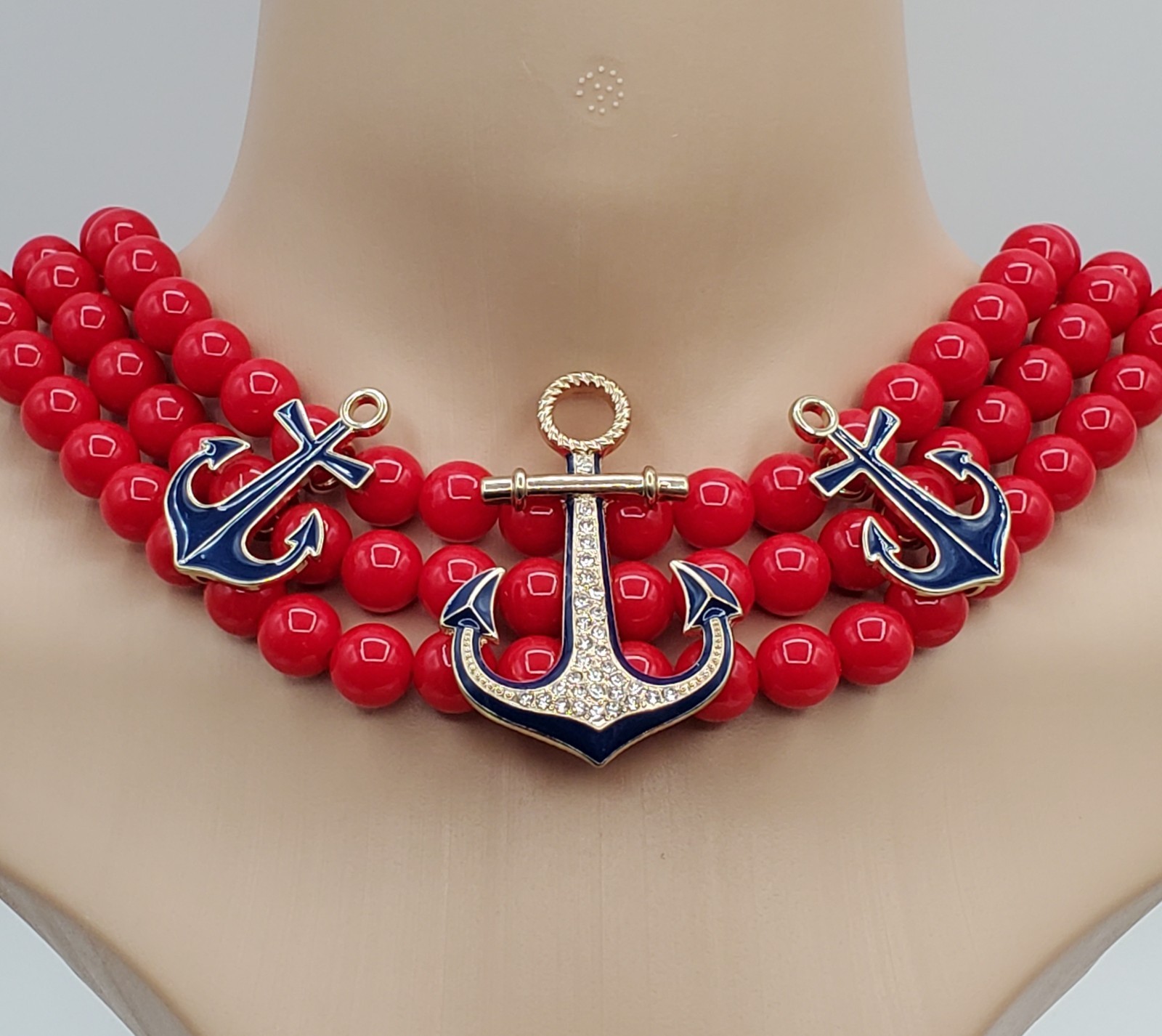 CC Nautical Set Necklace 19in Red Bead Triple Strand Blue Anchor 2 Sailboat Pins