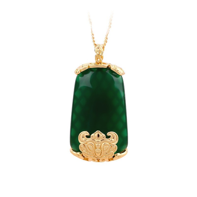 Green Jade Retro Pendant Necklace Charm 18K Gold Plated Chain Dainty Gemstone
