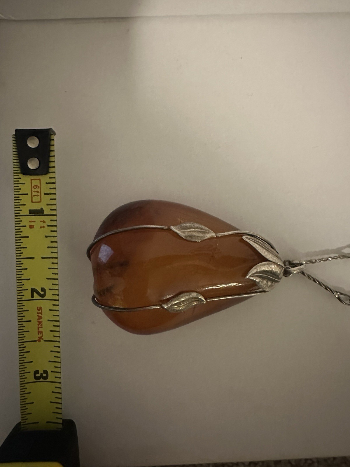 Silver Tone Link Chain Necklace, Amber Teardrop Pendant Wire Setting