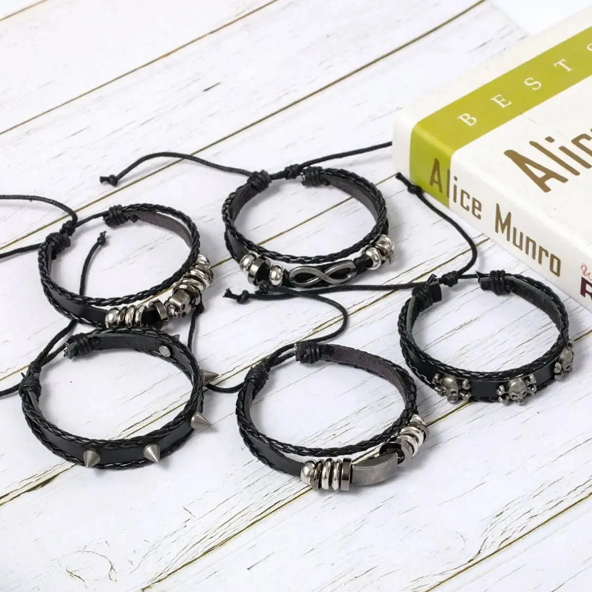 6pcs/Set Black Punk Skull Star Shaped Alloy Pu Leather Bracelet Punk Hip Pop