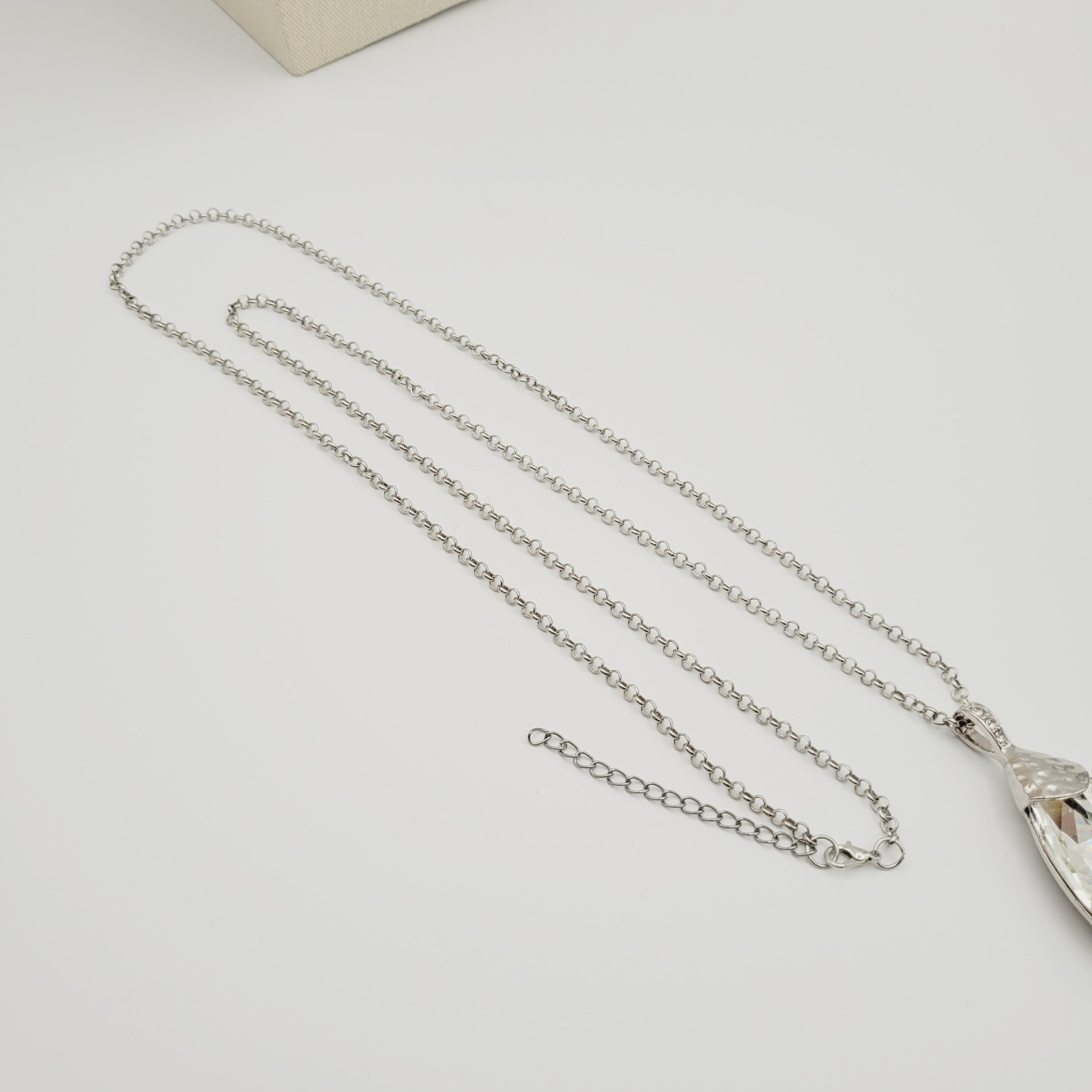 Clear Crystal Teardrop Pendant Necklace Silver Tone Stackable Adjustable 40″