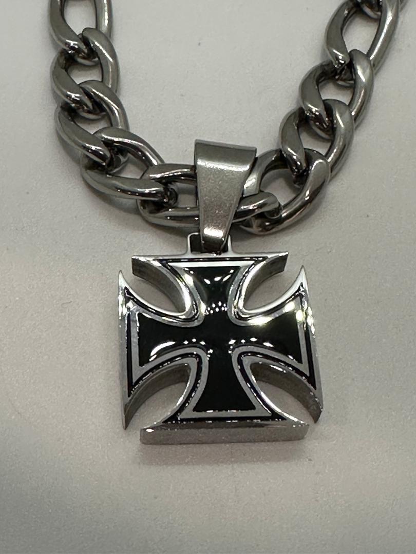 Strong & Solid Iron Cross Small Pendant Charm 8mm Figaro Necklace Stainless 104