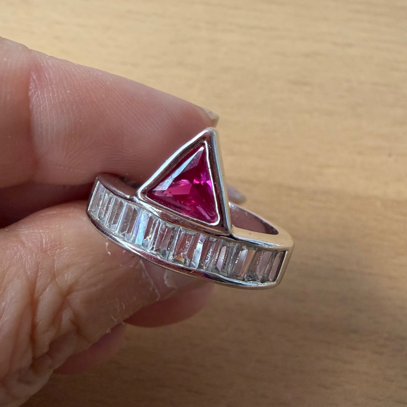 SYNTHETIC RUBY / PINK SAPPHIRE BAGUETTE RHINESTONES GEOMETRIC RING SILVER TONE