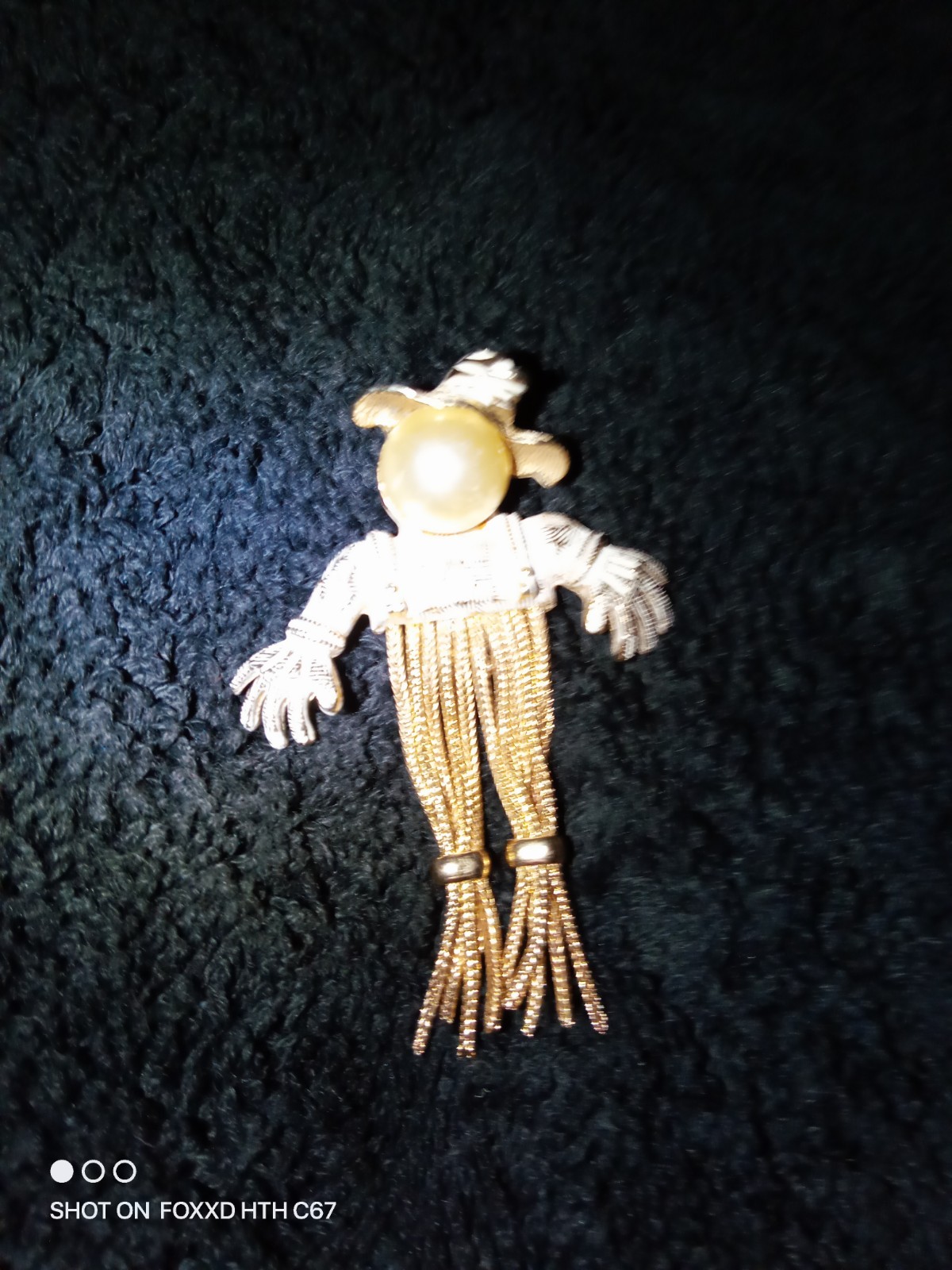 Scarecrow Cowboy Western Dangle Brooch Pin, Gold/Silver Metal, White Pearl