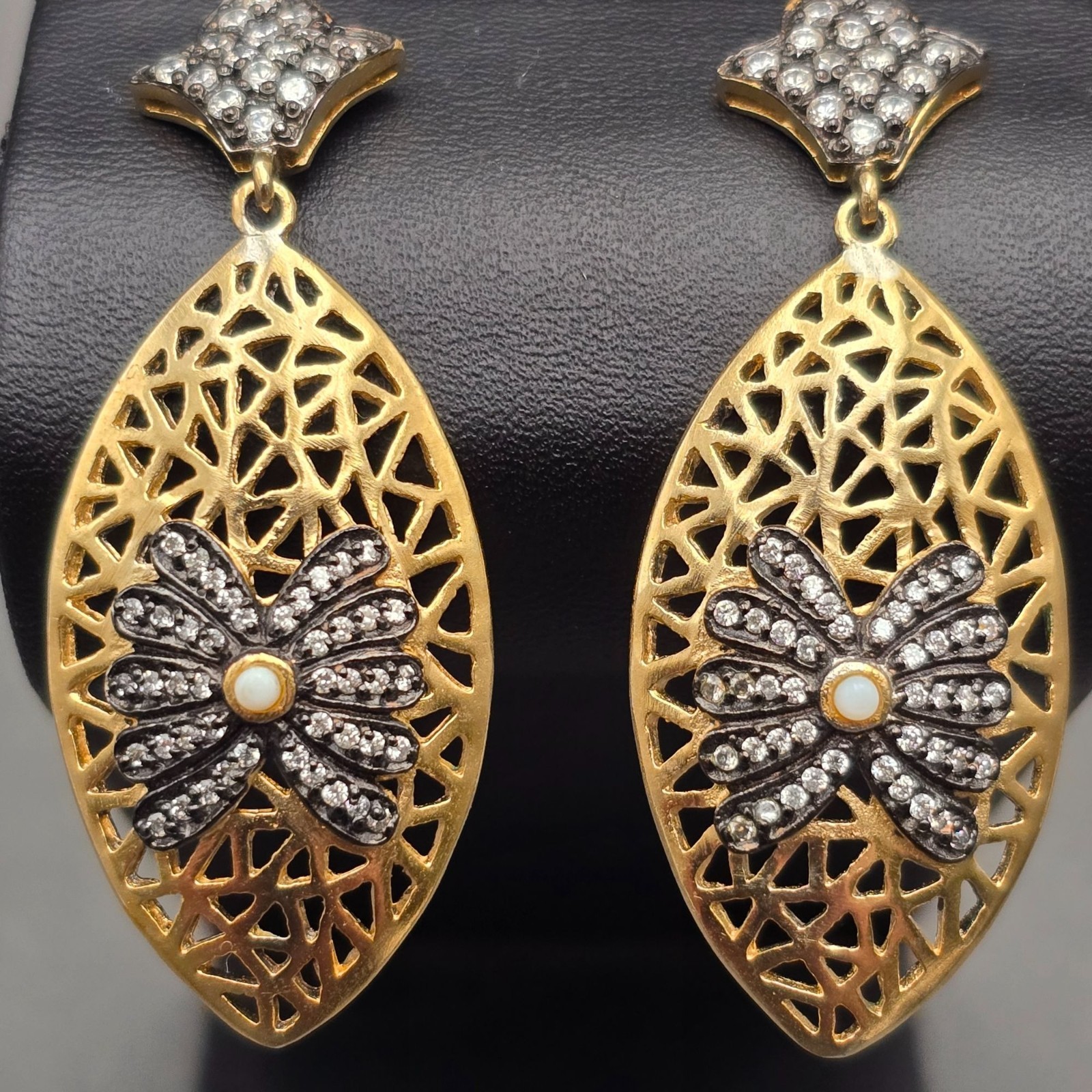 Esha Gold Plated Rhinestone Filigree Dangle Earrings 2.25″ Designer Modern Post