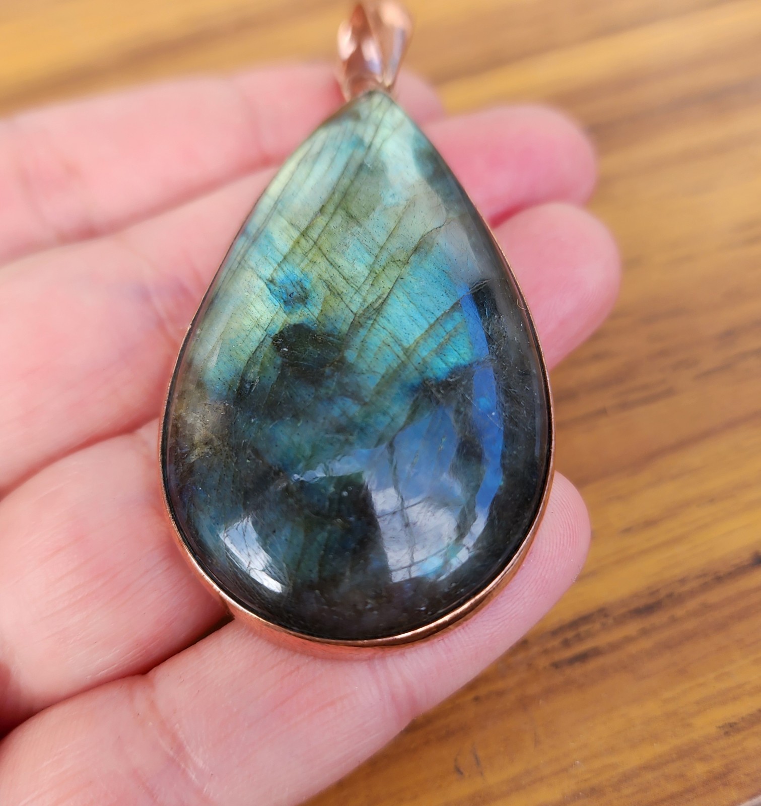 Labradorite TEARDROP PENDANT Blue Green Pear Stone Copper Bezel Set