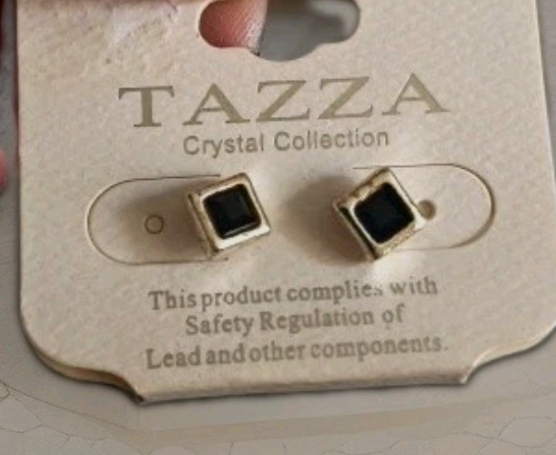 TAZZA Gold Tone Square Black Crystal Stud Earrings Nickel-Free Fast Shipping
