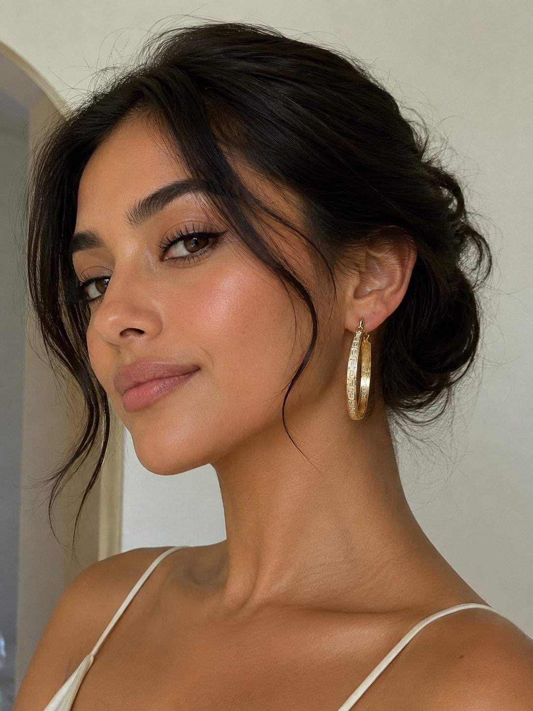 14k Gold Finish Greek Key Texture 2 inch Hoop Earrings Latch Back No Stone