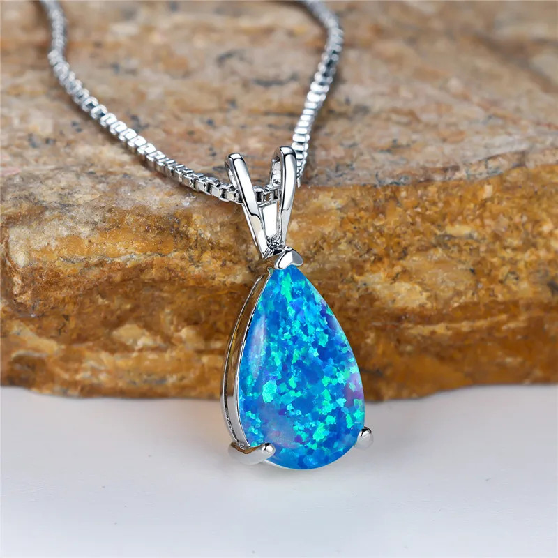 Boho Female Small Blue Green Opal Water Drop Pendant Necklace Silver Color Weddi