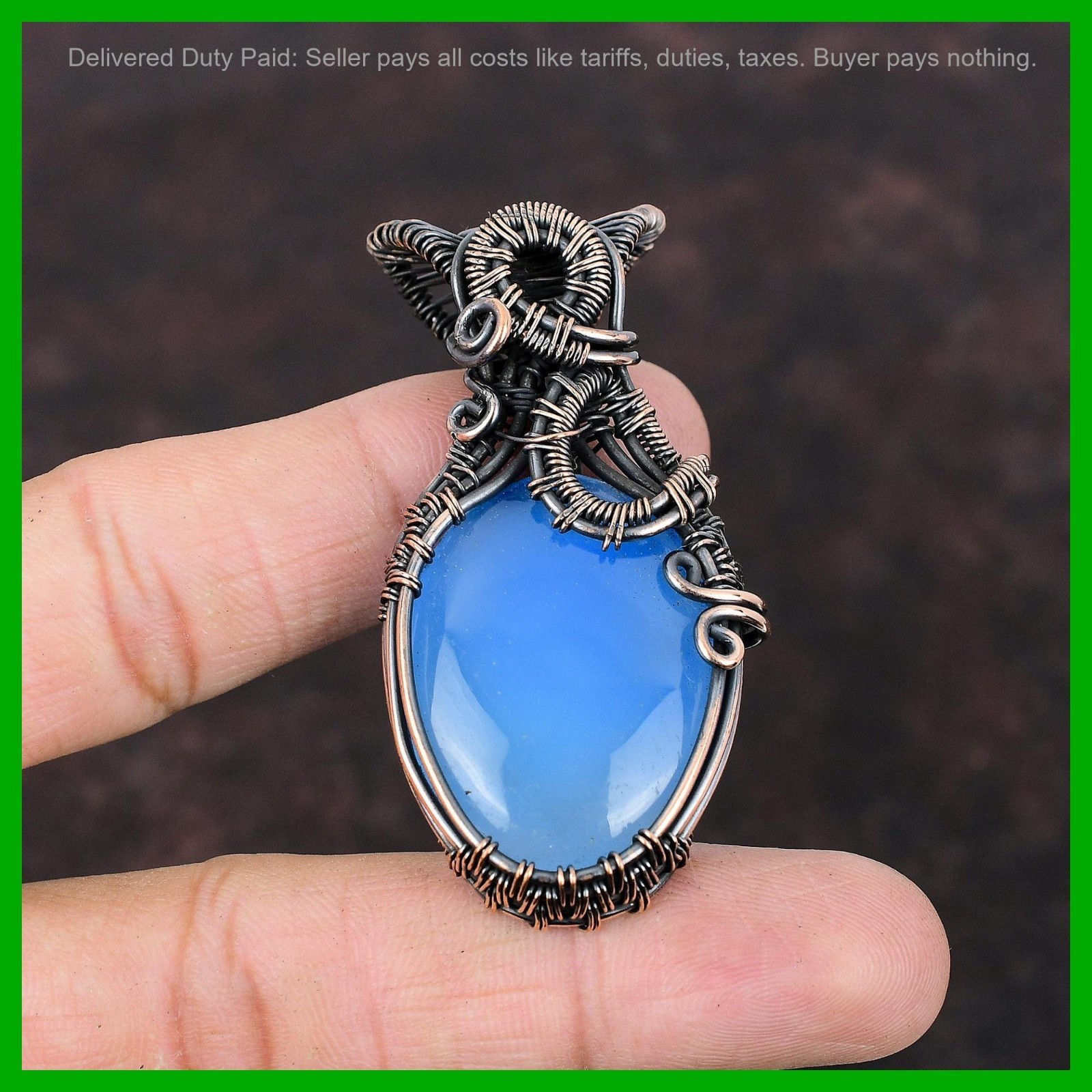 Halloween Sale Oval Blue Chalcedony Gemstone Copper Wire Wrapped Pendant Jewelry