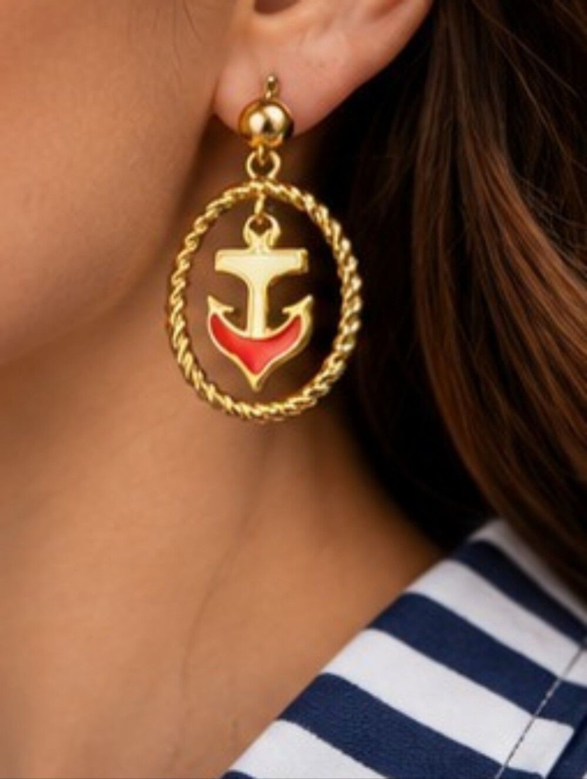 Vintage Avon Nautical Anchor Drop Earrings Gold Tone Red White Enamel Rope Hoop