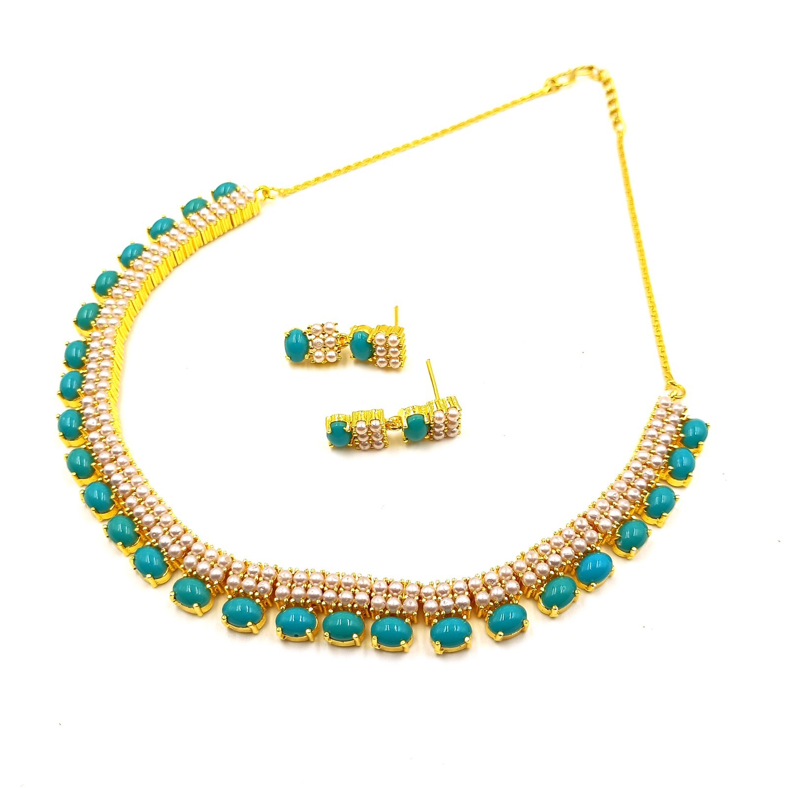 Turquoise and Pearl Necklace Set, 22k Gold Plated Choker, South Indian Jewelry