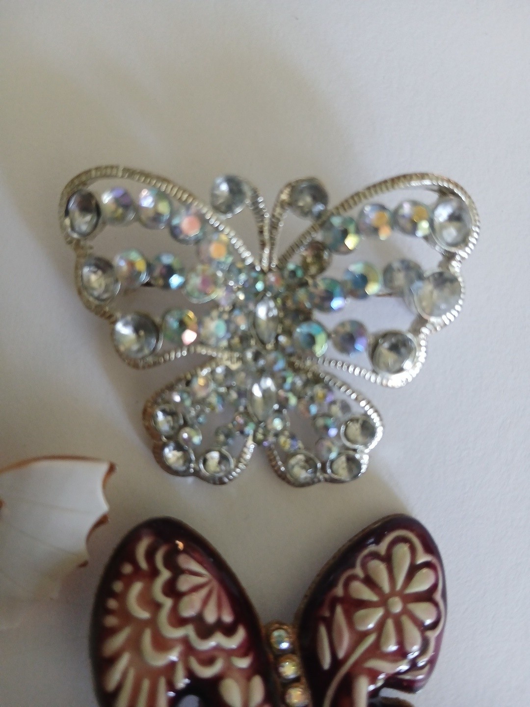 Lot Of Three Butterfly Pins Roaches Rhinestone Ceramic And Enamel
