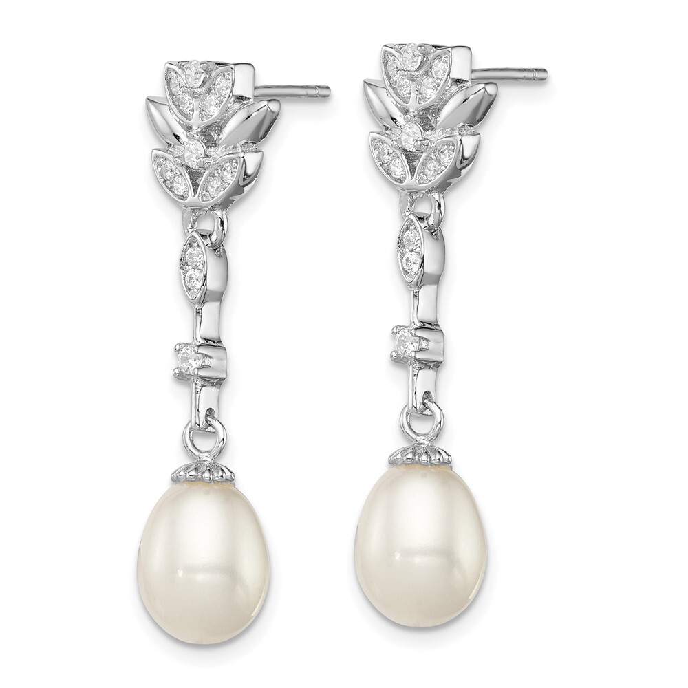 36mm 925 Silver Clear CZ & 8-9mm White Freshwater Cultured Pearl Dangle Earrings