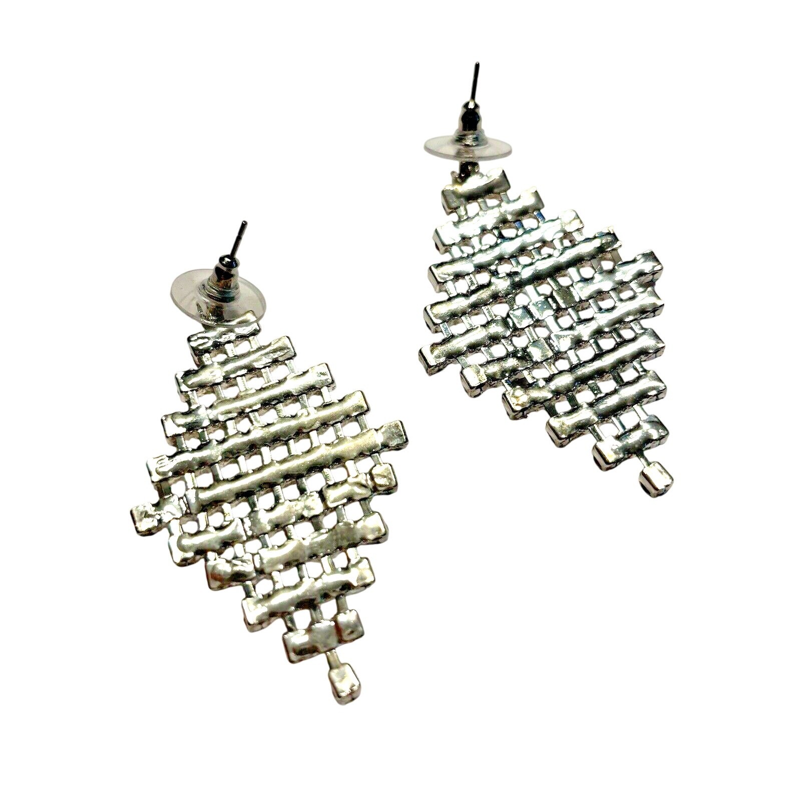 Silver Pierced Earrings Clear White Rhinestones Mesh Drop & Dangle Disco Fashion