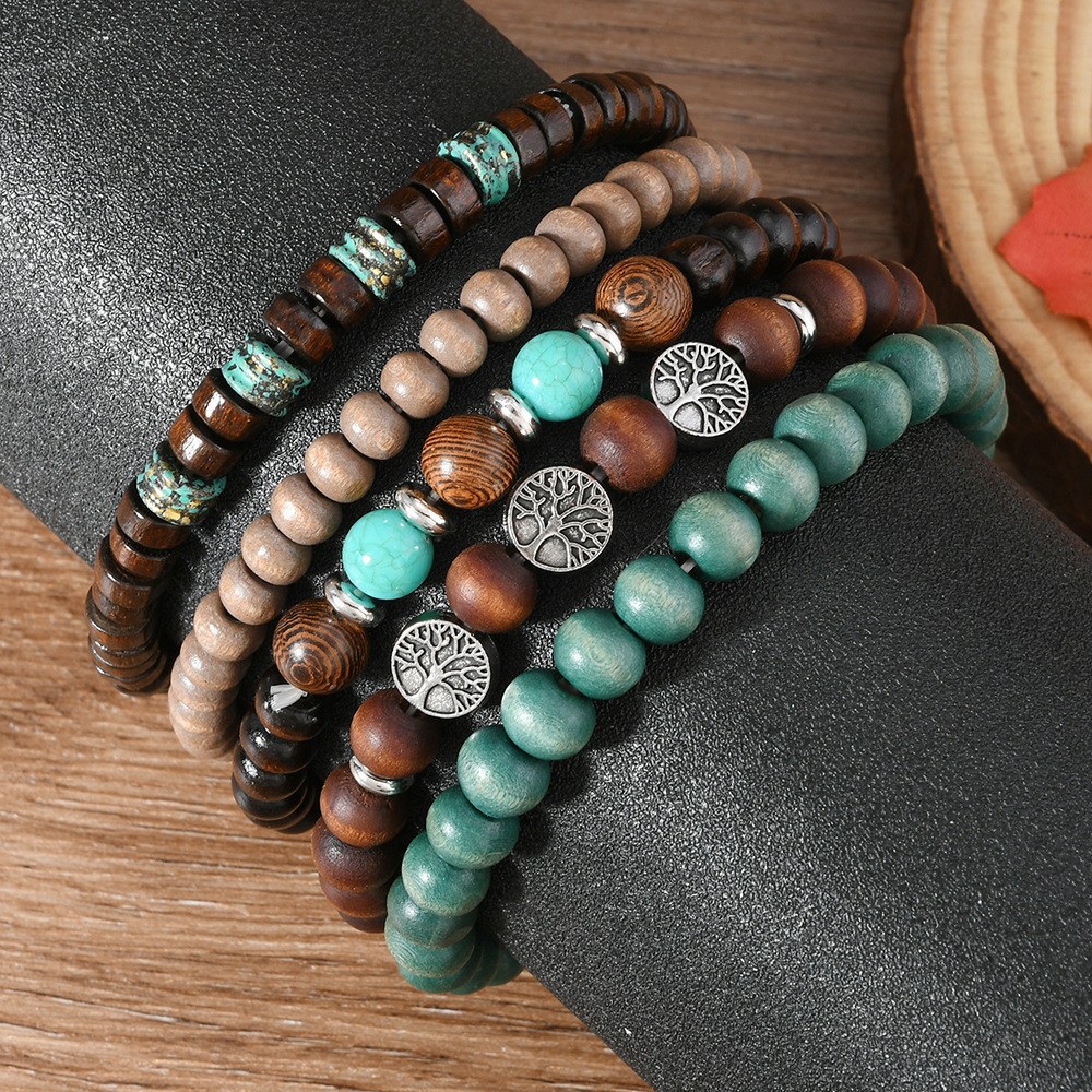 Vintage Men’s Wood Beaded Bracelet Turquoise Stone Life Tree Multi Layer