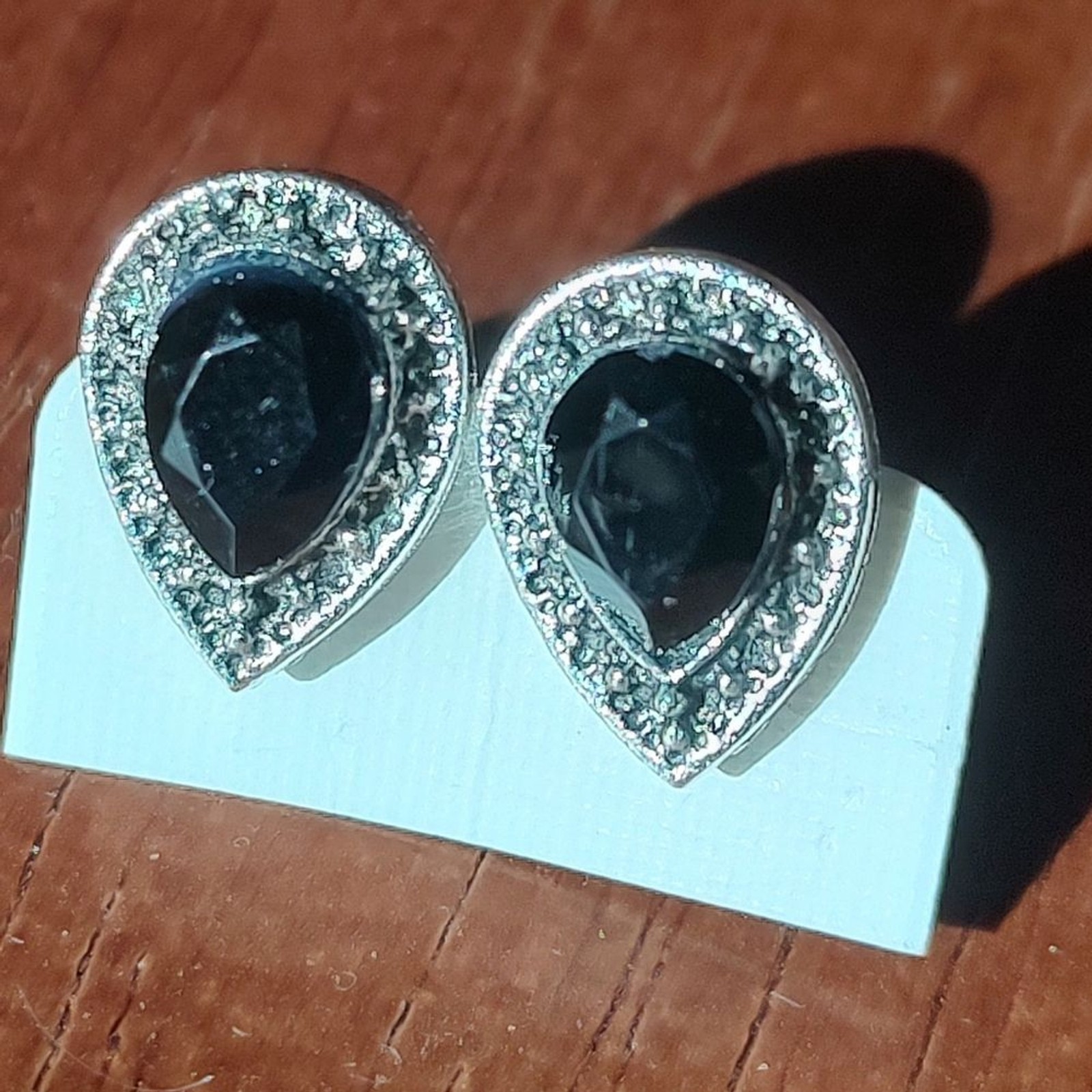 Black Pear Tear Halo Stud Earrings Silver Tone CZ Rhinestone Teardrop NWT