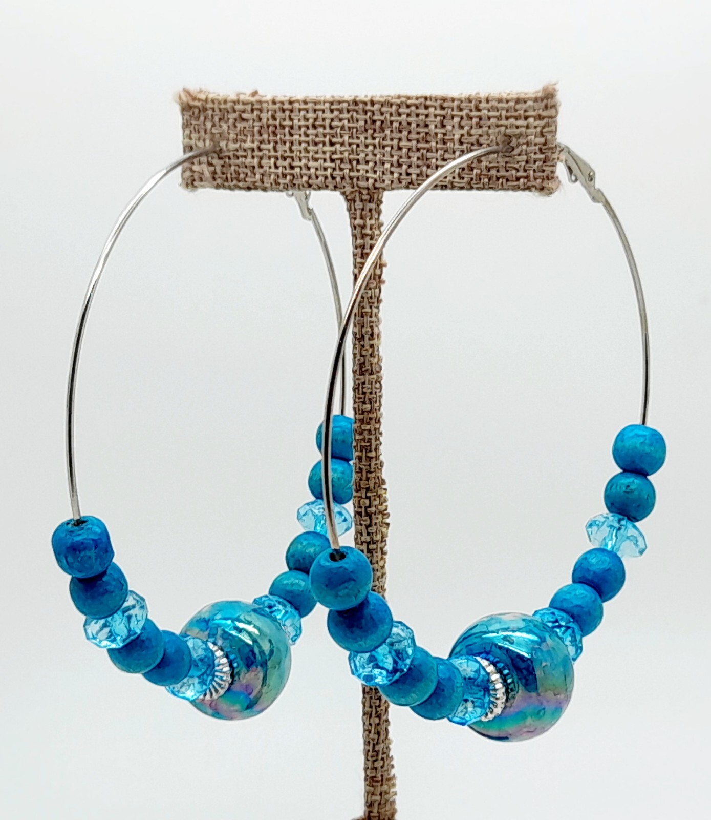 Bohemian Circle blue Wood Beaded plastic Bead Dangle Jewelry Hoop Earrings