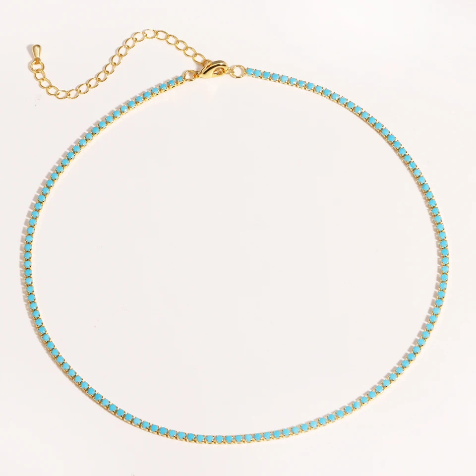 Gold Color Tennis Chain Necklace 2mm Simulated Zirconia 16in Women Jewelry