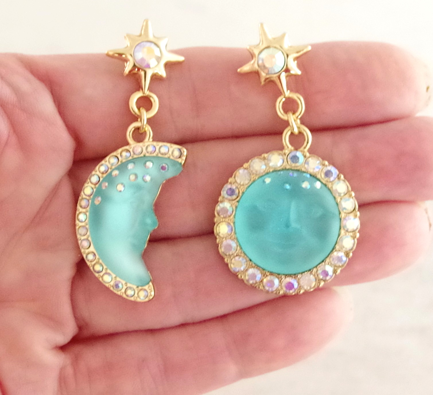 2″ KIRKS FOLLY BLUE SEAVIEW MOON FACE AB CRYSTAL RHINESTONE DROP DANGLE EARRINGS