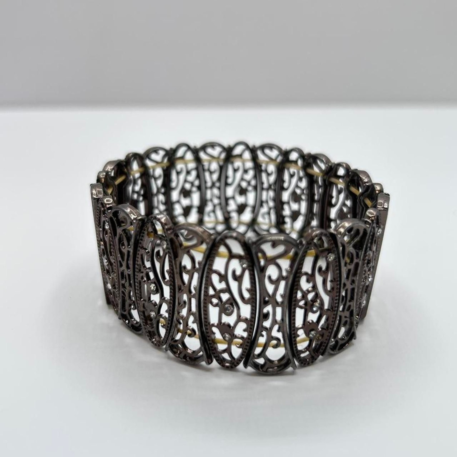 Bronze Tone Rhinestone Filigree Stretch Bracelet Boho Statement