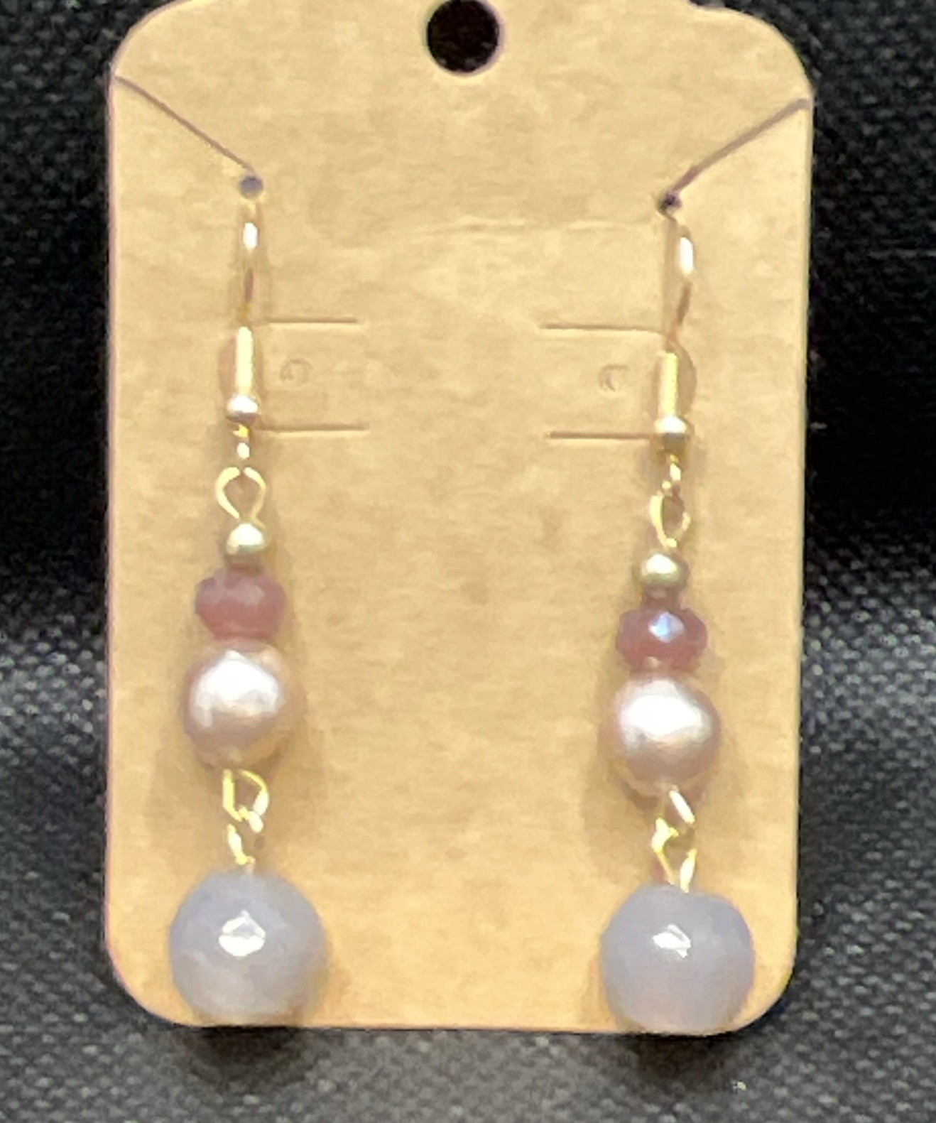 Gold Tone White Pearl & Pink Blue Beaded Dangle Drop Hook Earrings for Lobe