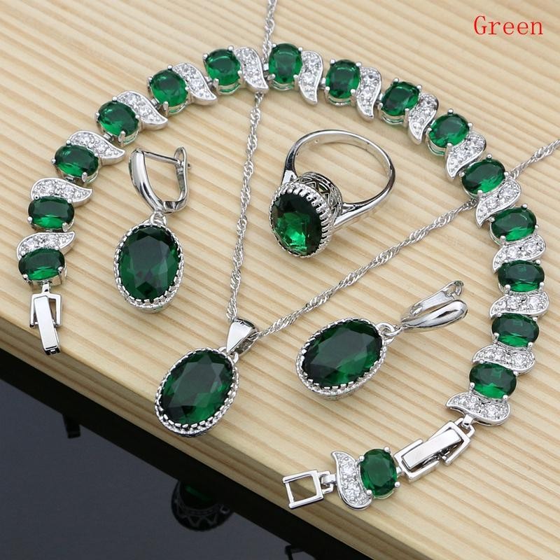 925 Sterling Silver Red Birthstone Jewelry Set Necklace Earrings Ring Gift