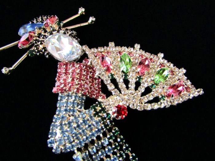 BEAUTIFUL Large Rhinestone Geisha Asian Fringe Kimono Fan Movement Brooch Pin