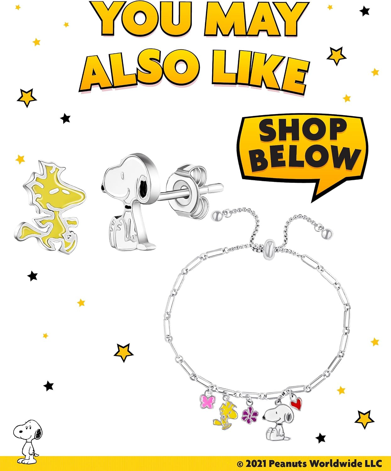 Peanuts Official Snoopy and Woodstock Necklaces, Silver Flash-Plated with Red Cr