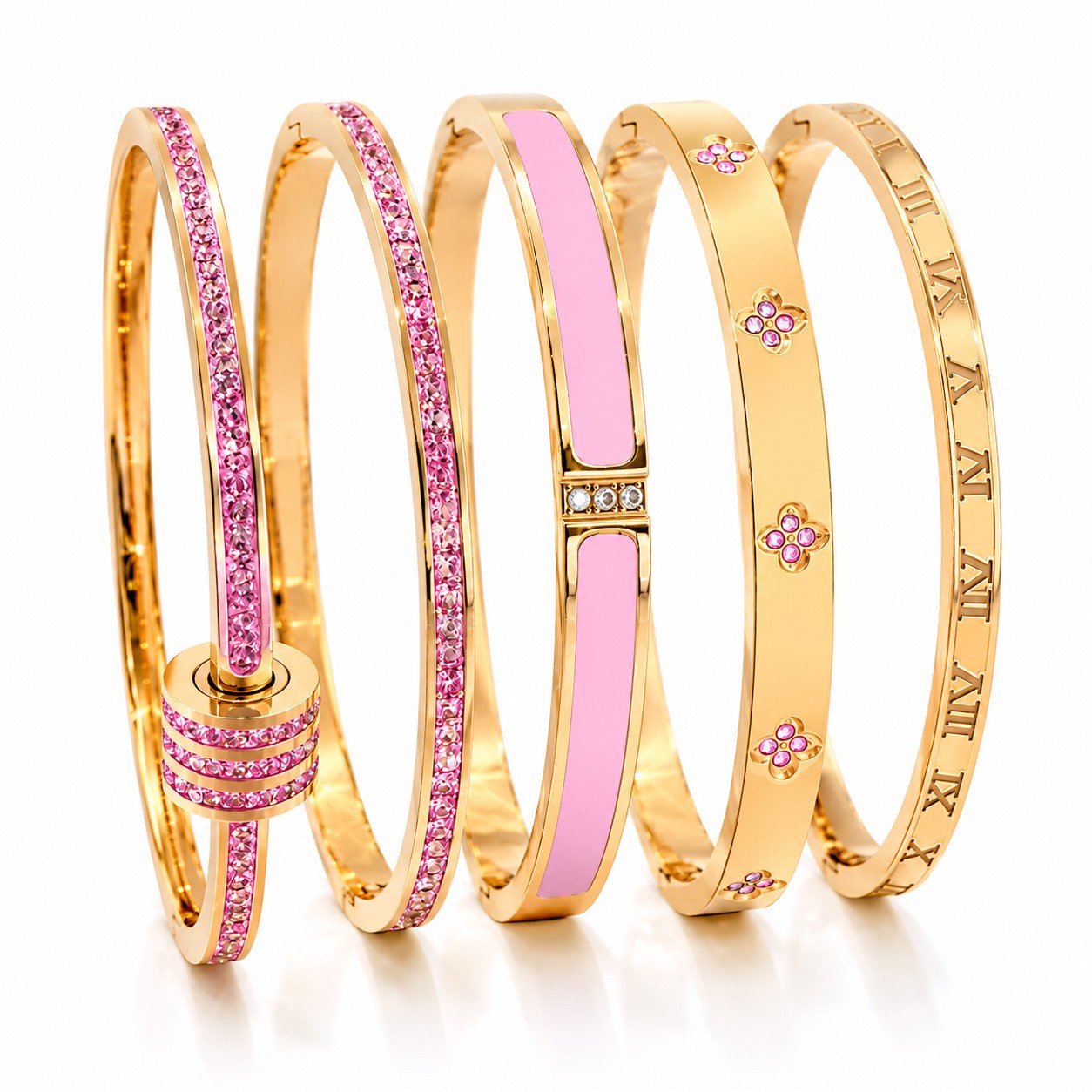 5pc Gold Pink Zirconia Bangle Bracelet Set Stainless Steel Jewelry Gift
