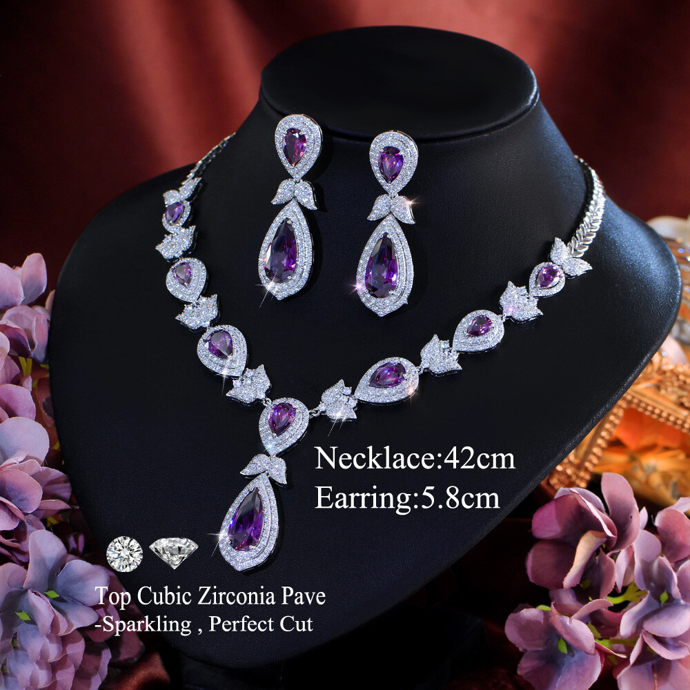 Silver Plated CZ Purple Dangling Drop Leaf Necklace Earrings Pageant Jewelry Set