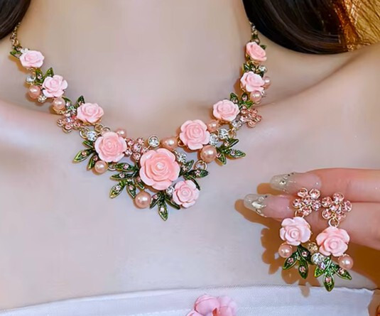 Pink ROSE Flowers PEARL Choker Rhinestone Betsey Johnson Necklace Earring SET