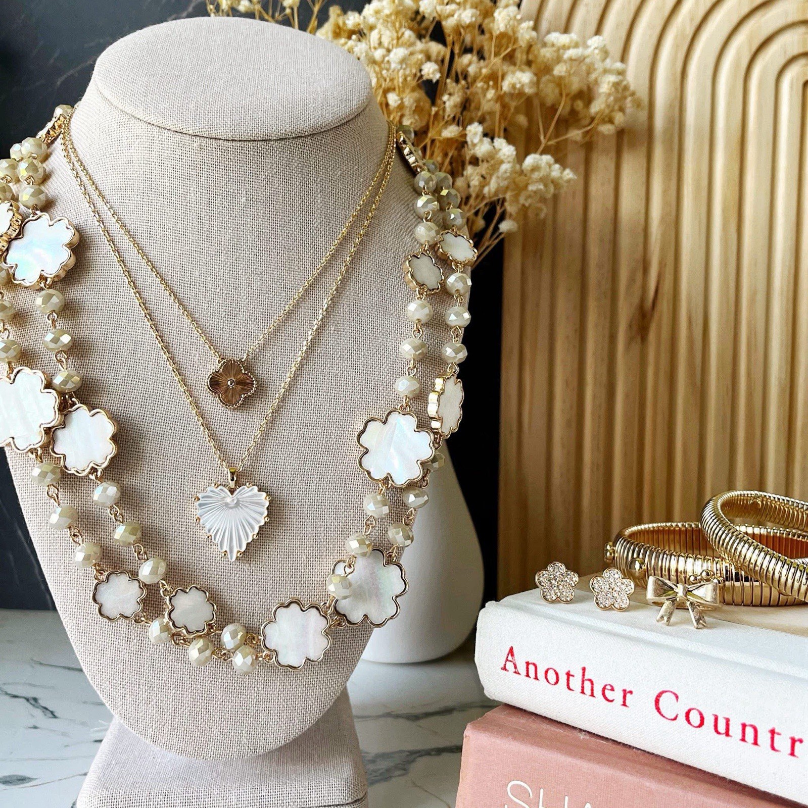 Park Lane CLOUD Mother Of Pearl & Faceted Bead Long Gold Necklace, Retail $174