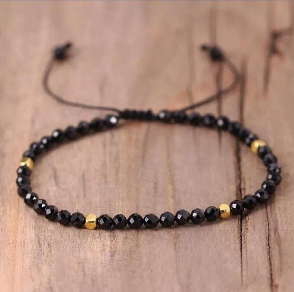 Natural Black Obsidian Spinel Beaded Braided Bracelet Strength Anxiety Relief