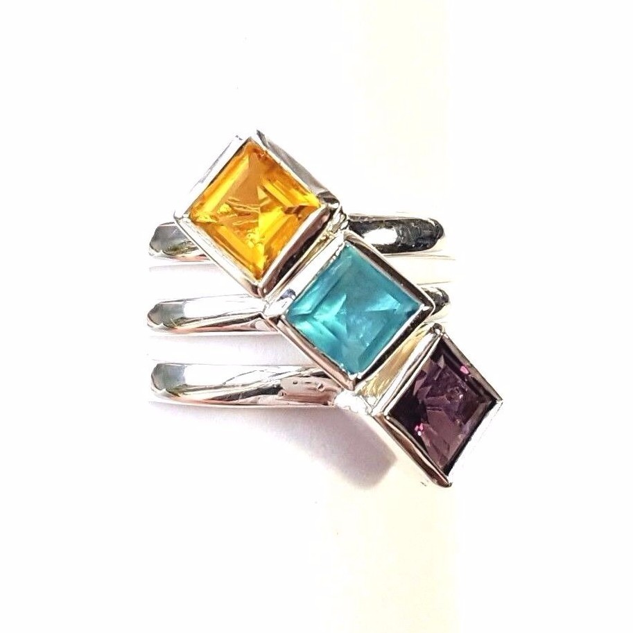 (SIZE 5,6,7,8,9) 3 STACK RINGS Cubes Amethyst Aquamarine .925 STERLING SILVER