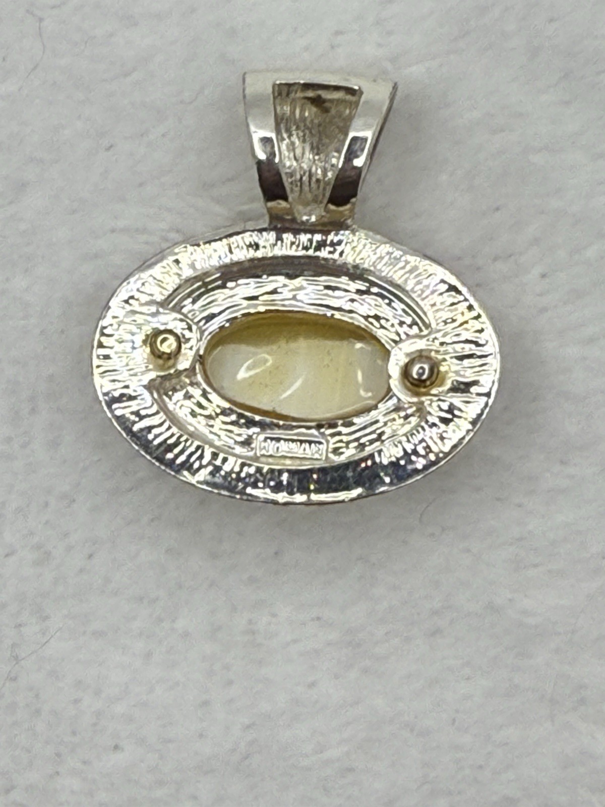 Vintage Roman Signed Silver Tone Oval Charm Pendant White Oval Cabochon Bezel