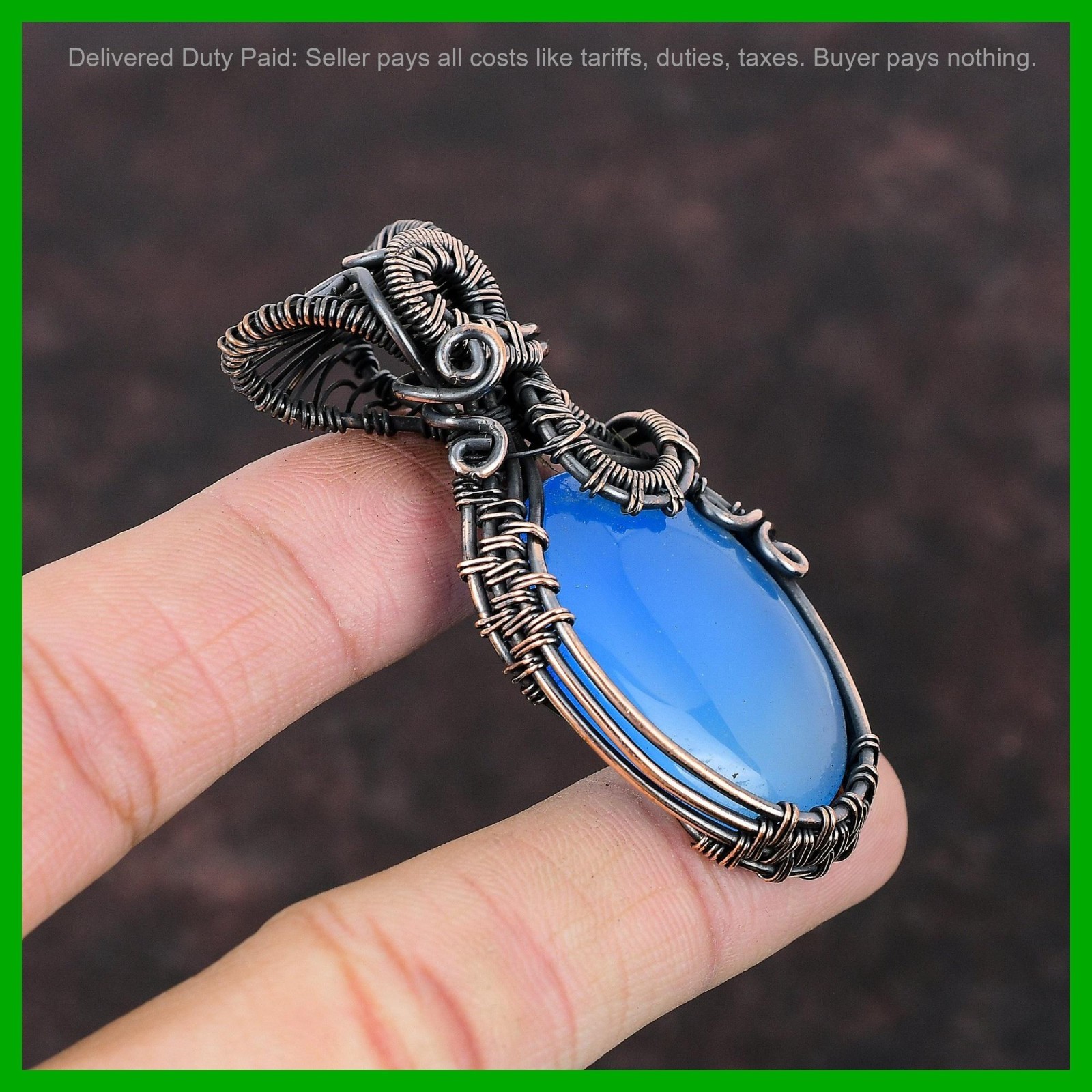 Halloween Sale Oval Blue Chalcedony Gemstone Copper Wire Wrapped Pendant Jewelry