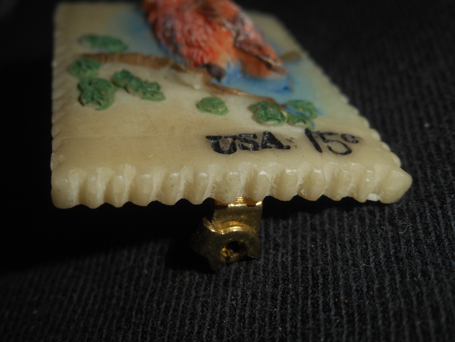 Resin Plastic Owl 15 Cent Postage Stamp Pin Sitting On Tree Limb 1 1/2″ x 1″